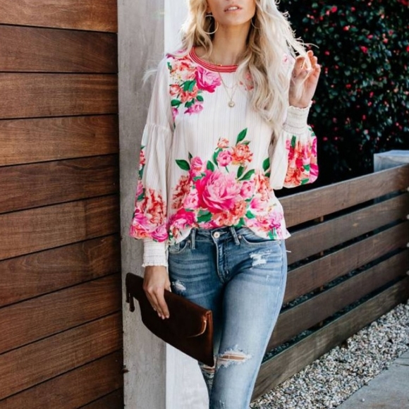 1 left! Floral Billow Smocked Mock Turtleneck Top - Picture 4 of 9